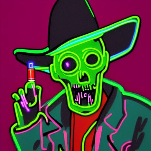 Neon Zombie Cowboy Smoking a Cigarette