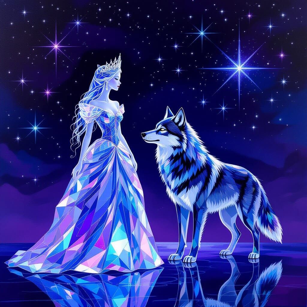 Glass Princess and Wolf Under Starry Sky