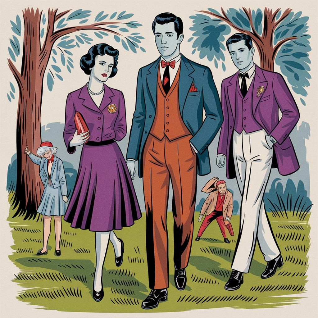 1950s Vampire Hunt in Woodblock Style