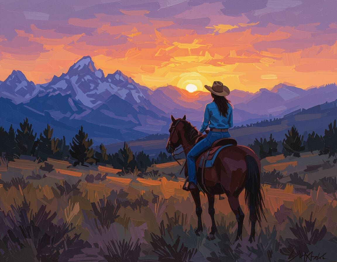 Cowgirl Rides at Sunrise: Impressionistic Oil Painting