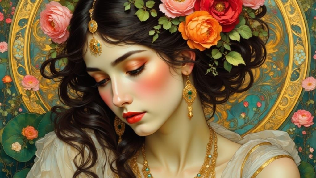 Regal Woman Portrait in Art Nouveau Style