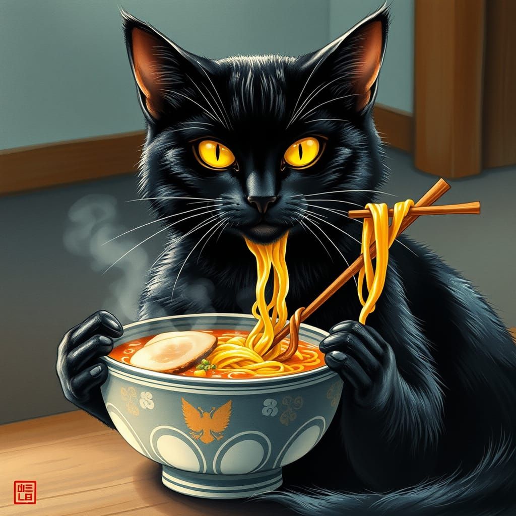 Serene Black Cat Savoring Ramen Noodles in a Cozy Setting