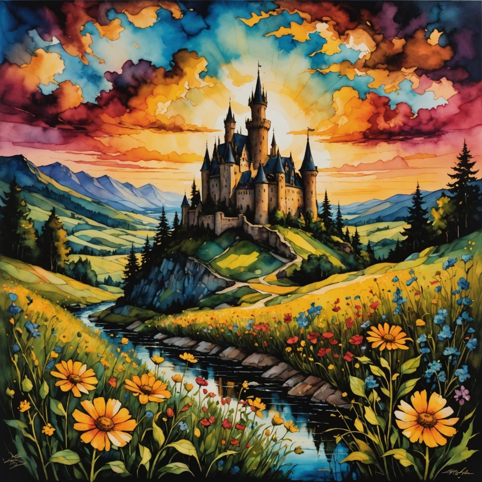 Colorful Cartoon Castle at Golden Hour in Chiaroscuro