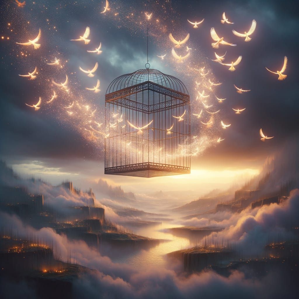 Surreal Scene of Birds Escaping a Floating Cage