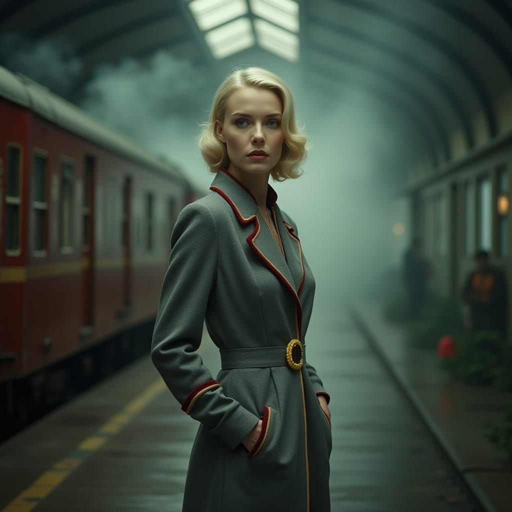 Mid-Century Woman in Ominous Train Station Atmosphere