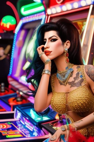 Hyperrealistic Amy Winehouse in Arcade, Neon Lighting