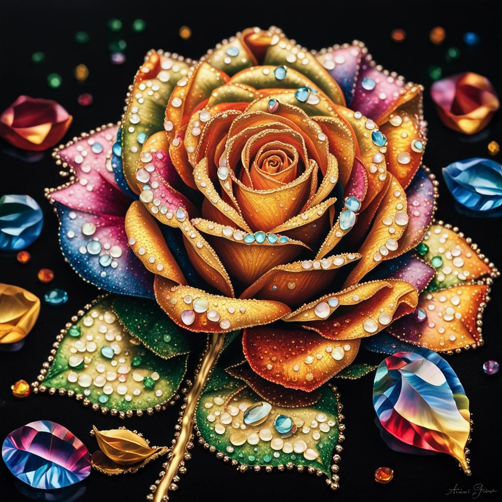 Jeweled Rose Macro Photograph in Oil Painting Style