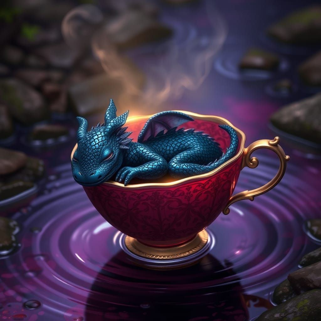 Sleeping Sparkling Dragon in Teacup, Dreamlike Fantasy