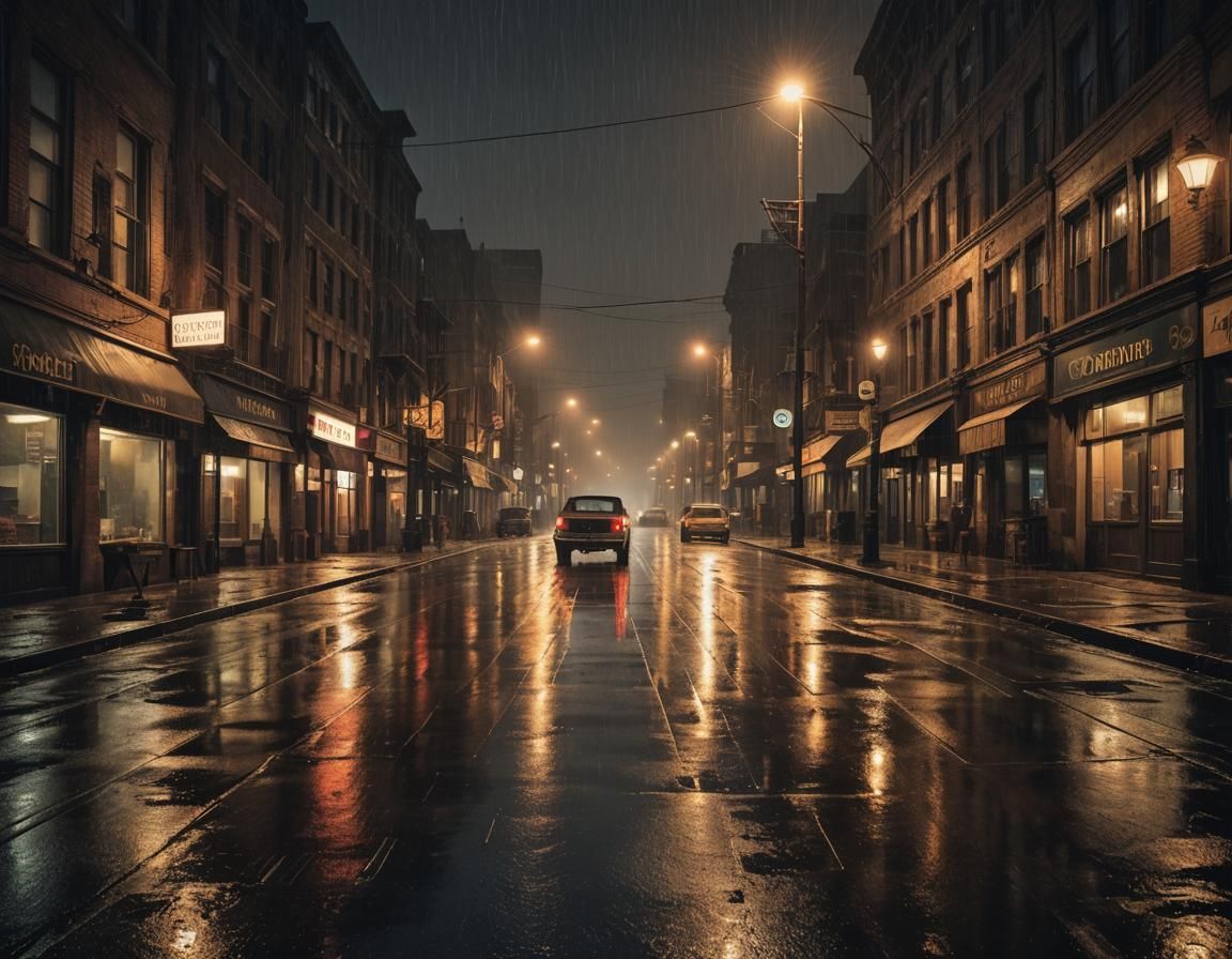 Haunting Nocturne: Rain-Soaked City Street
