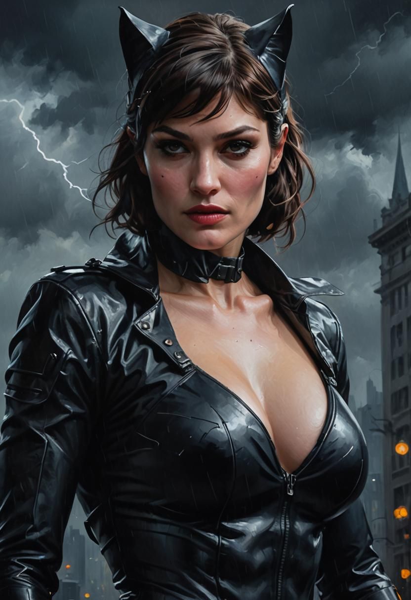 Catwoman in Gotham: Hyper-Realistic Oil Painting