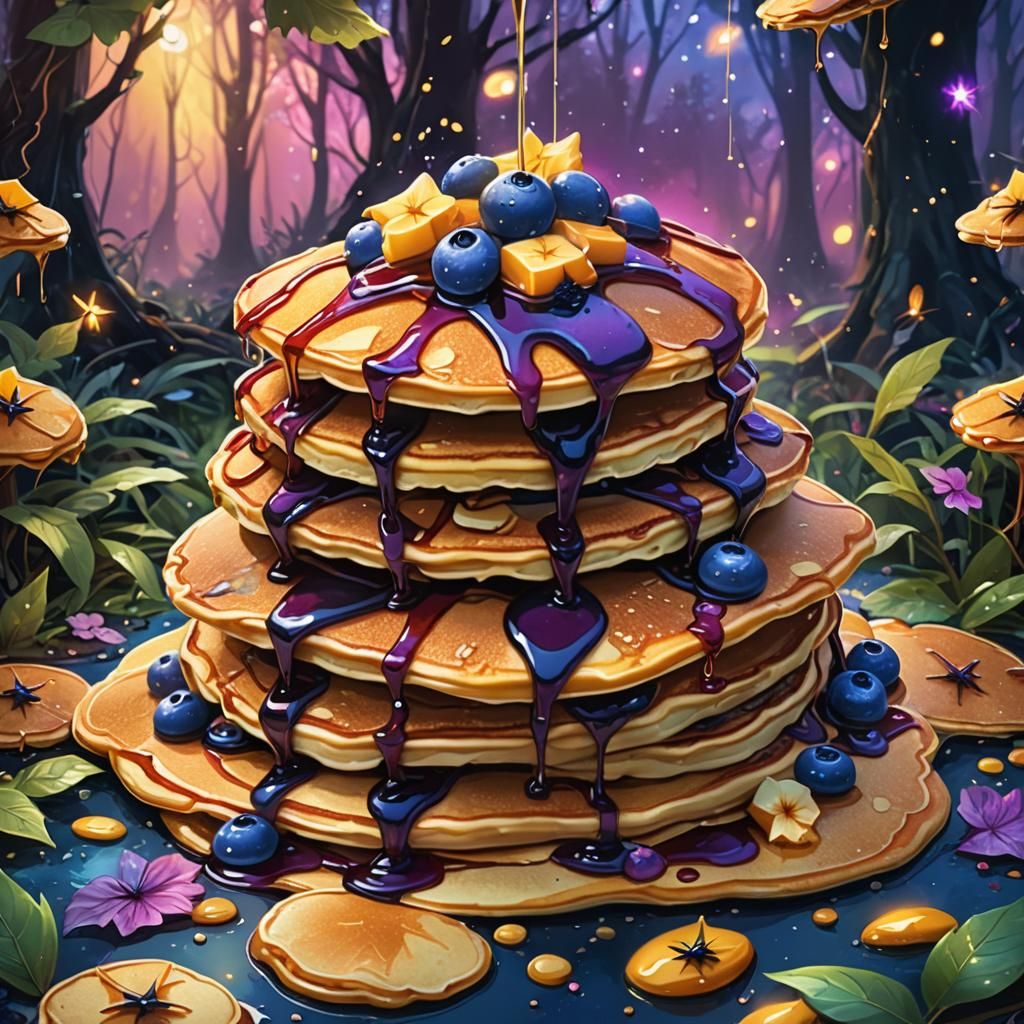 Colorful Pancakes in Whimsical Forest: Fantasy Art
