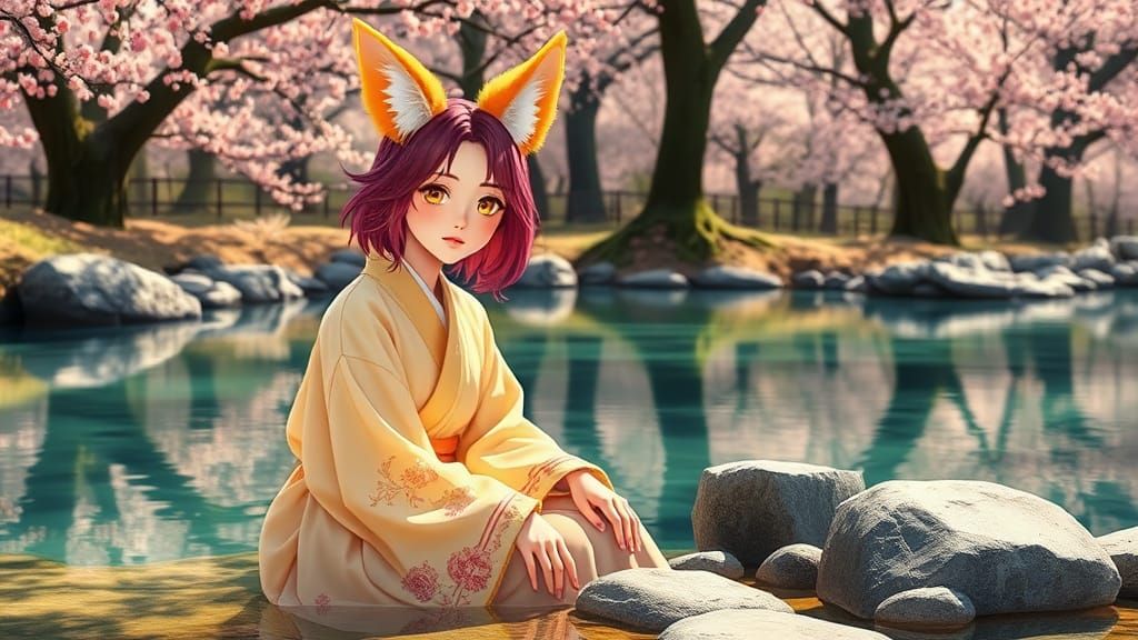 Anime Fox Girl in Cherry Blossom Forest