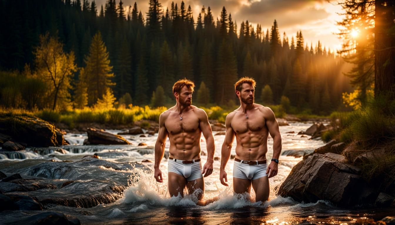 Hyperrealistic Cowboys Emerging from Spring River