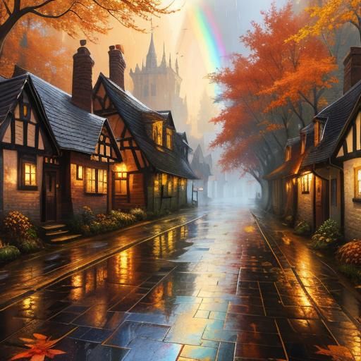 Autumn Tudor Village Street in a Digital Painting Style