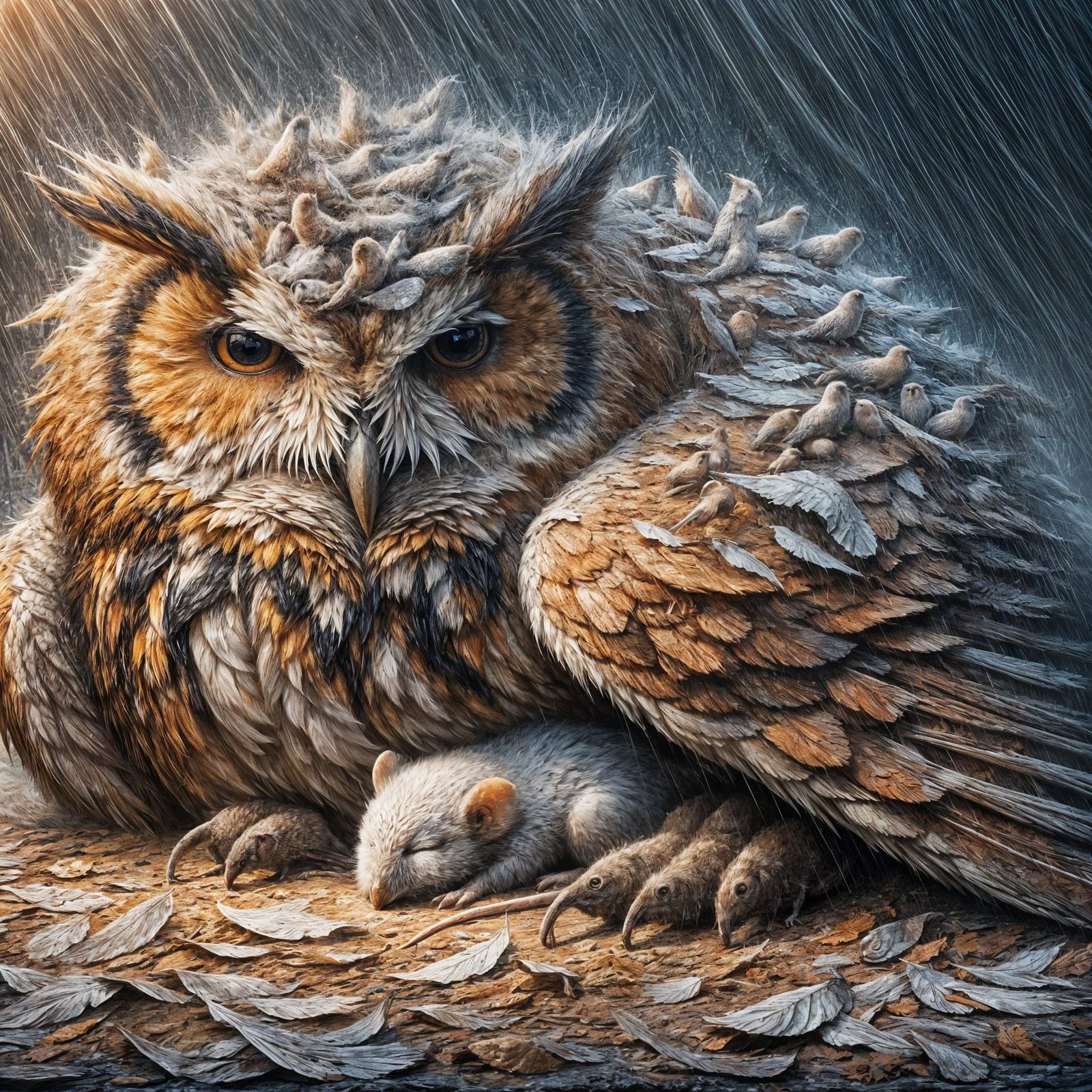 Owl and Mouse in Rain-Soaked Forest Matte Painting