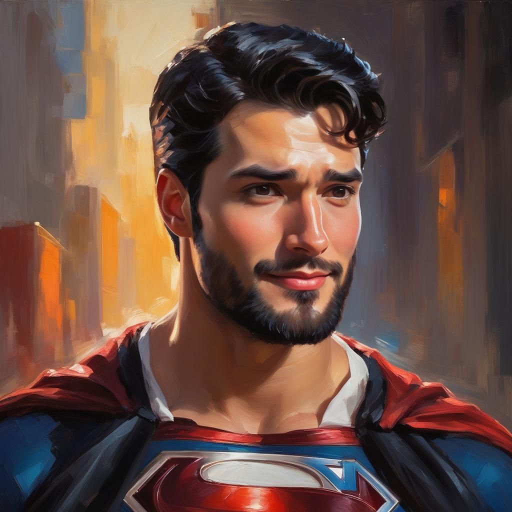 Bearded Superman Portrait in Impressionist Oil Painting Styl...