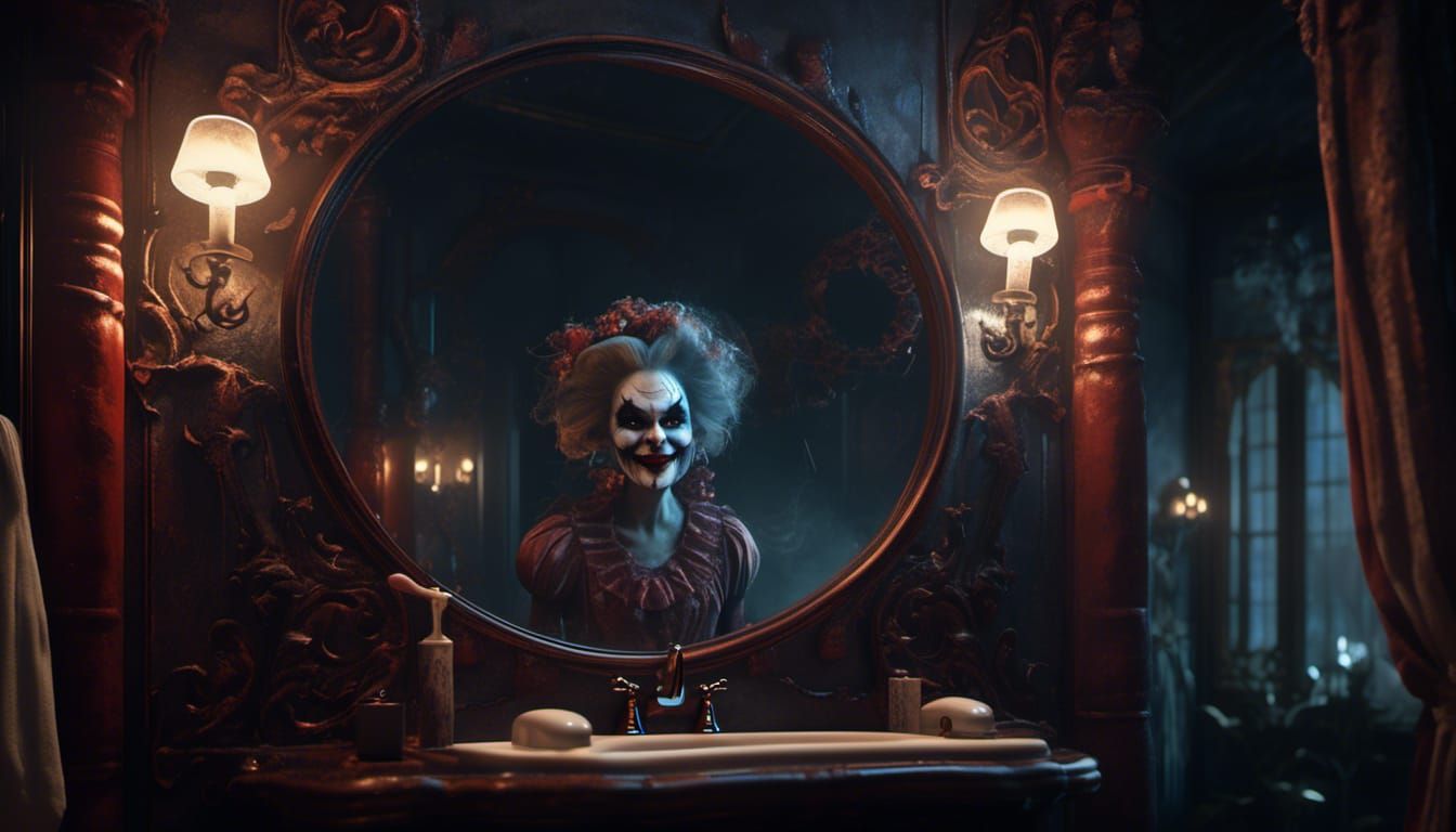 Sinister Woman's Reflection in Psychedelic Horror Style