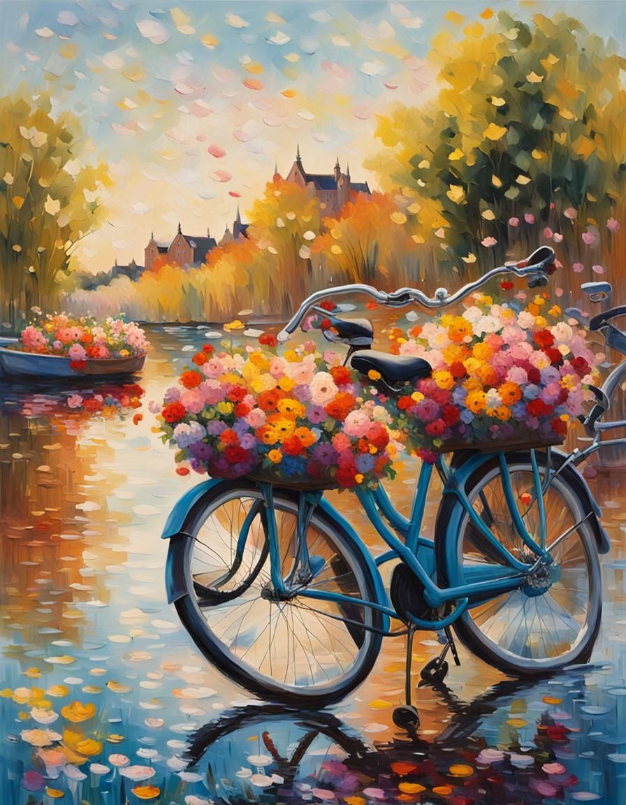 Floral Bikes on Amsterdam Lake in Expressionist Oil