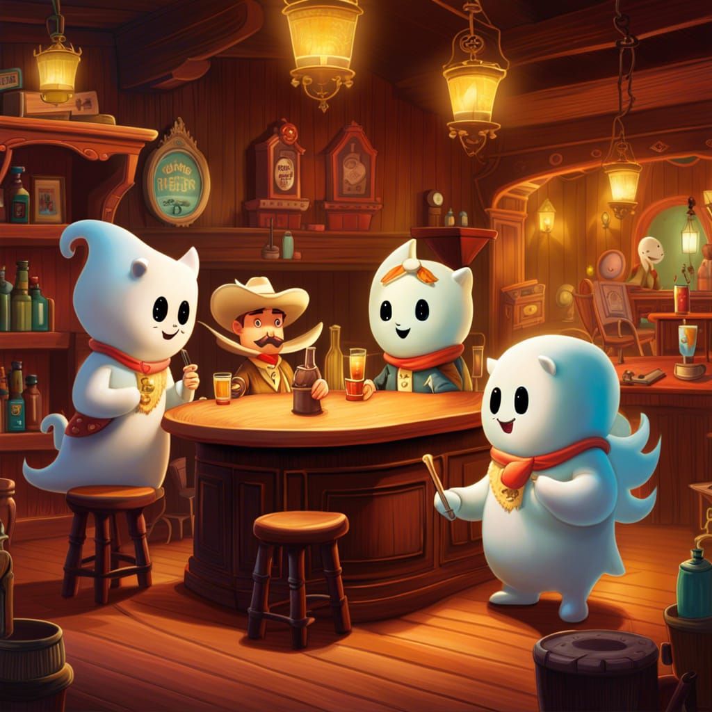 Cute Ghost Cowboys in Saloon: Fantasy Concept Art