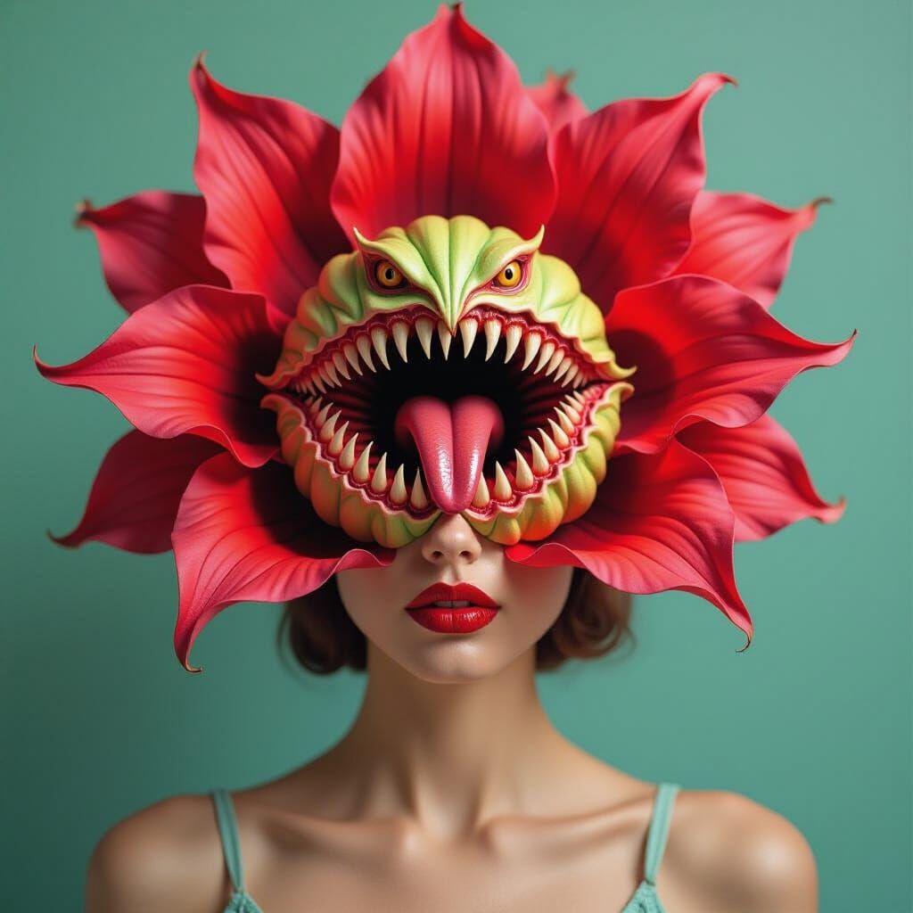 Woman's Head Transforms into Carnivorous Flower Portrait