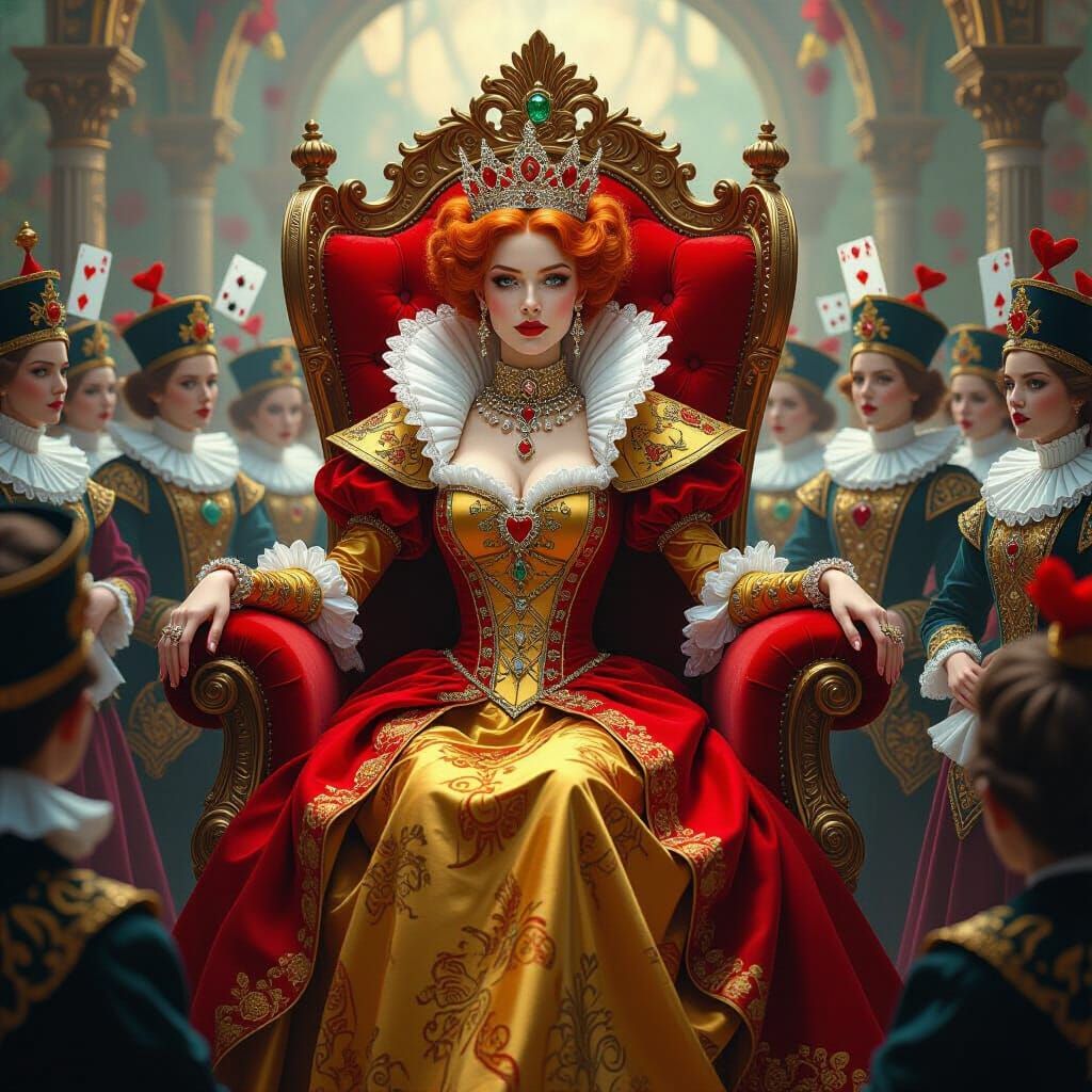 Red Queen of Hearts in Wonderland, Realistic Painting