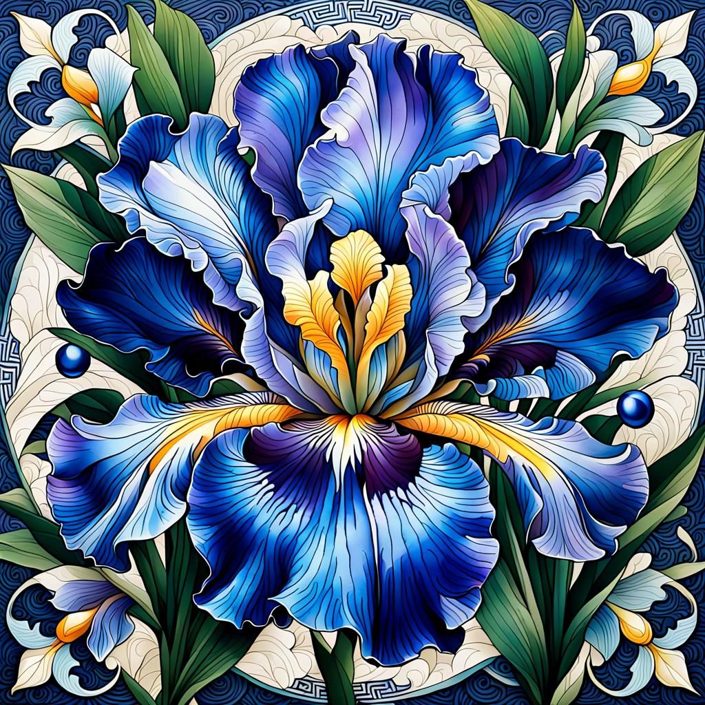 Iris Flower Illustration in Traditional Chinese Style