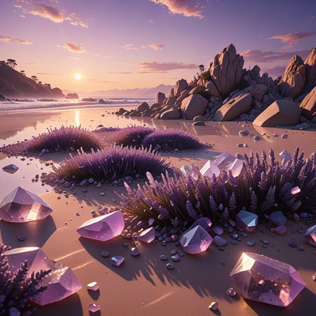 Lavender Quartz Crystal Beachscape in Vibrant Digital Art