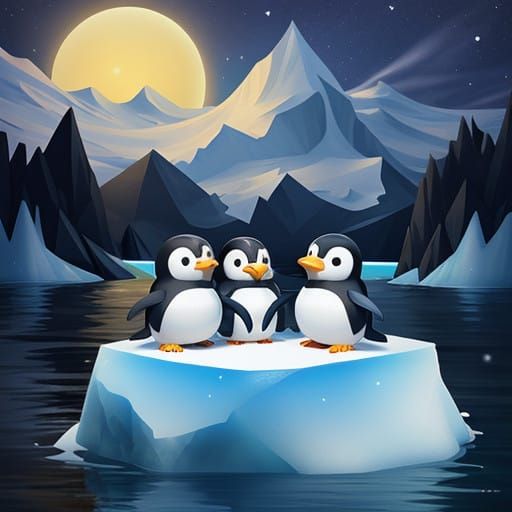 Little Penguins Perched on an Iceberg in Nouveau Style