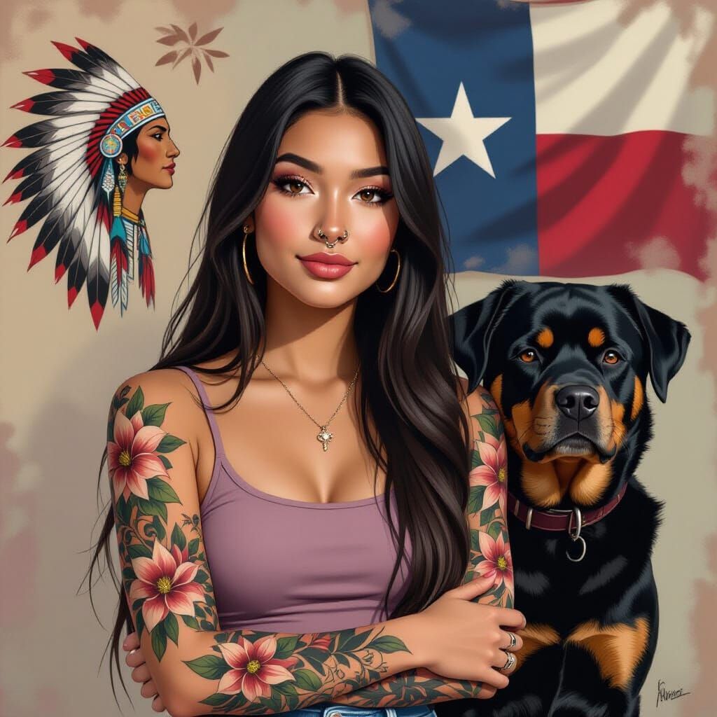 Young Woman with Black Lily Tattoo and Rottweiler