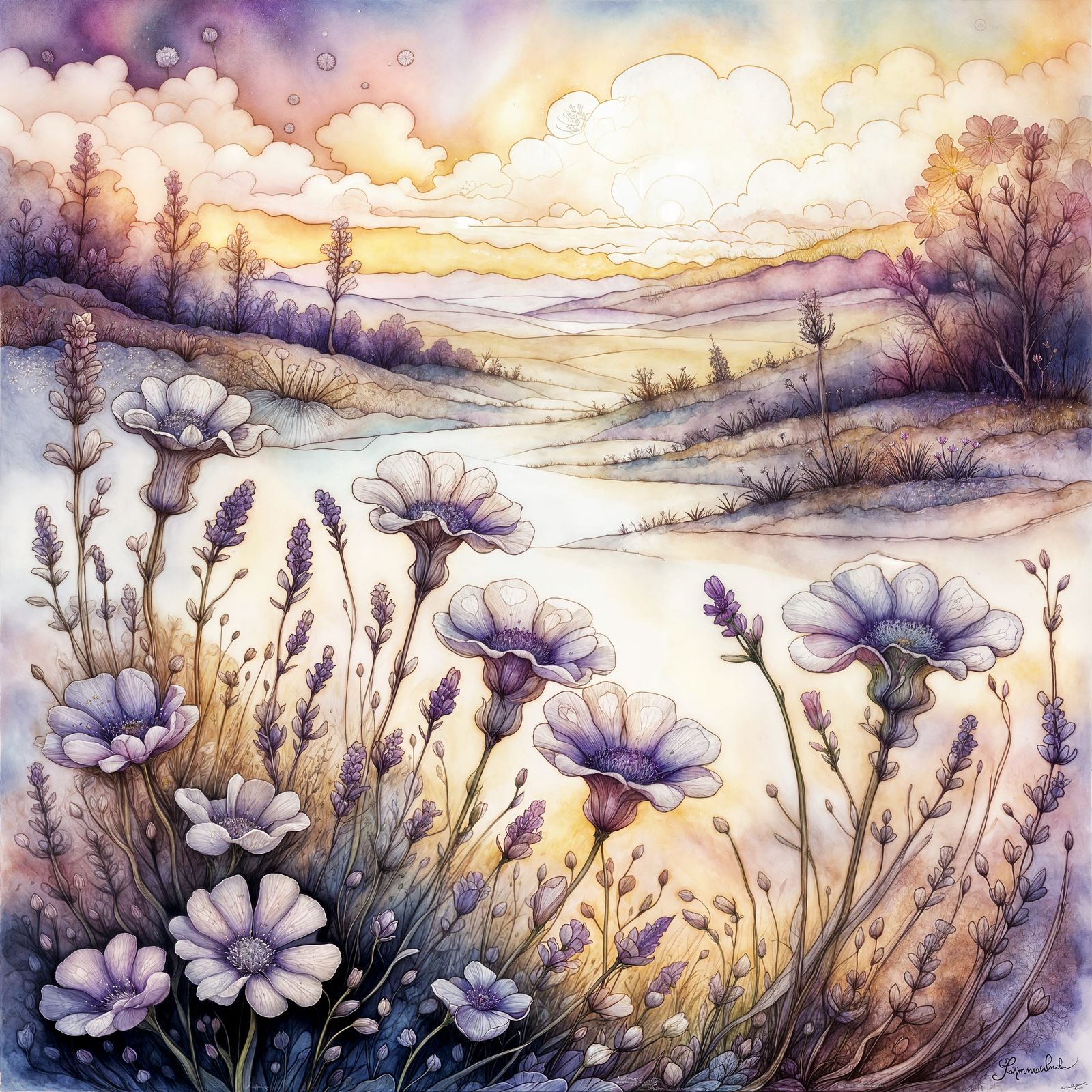 Ethereal Lavender Flowers in Meadow Sunrise, Ink Wash Art