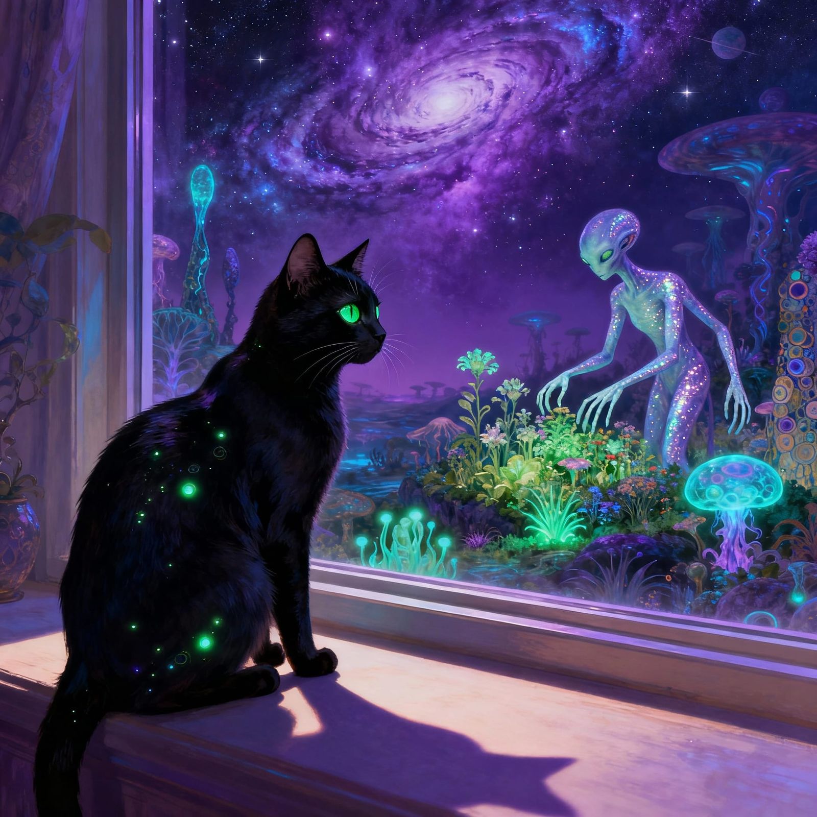 Black Cat Gazes at Surreal Alien World