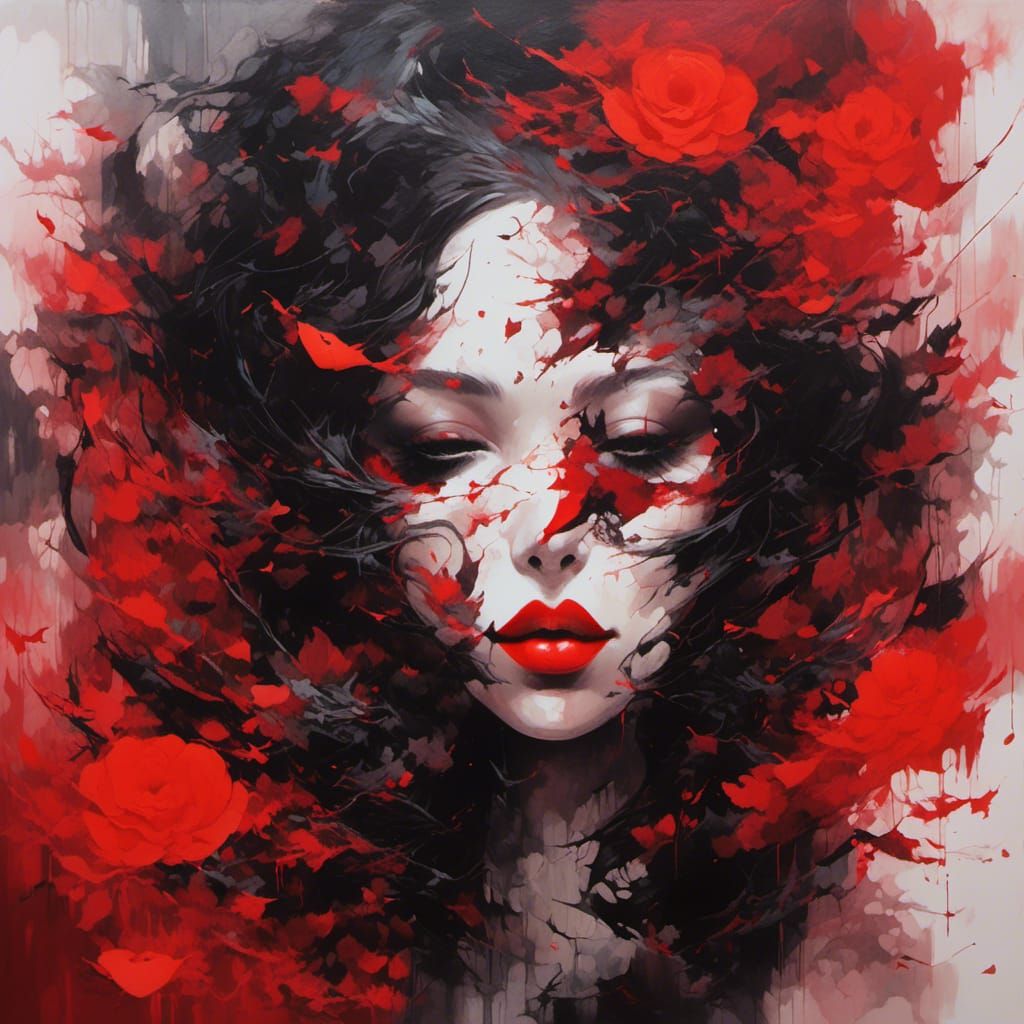 Abstract Painting: Red and Black Lips of Temptation