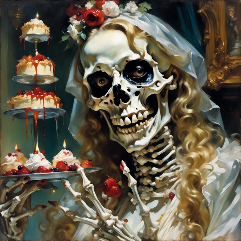 Skeleton Girl Enjoys Wedding Cake in Chiaroscuro Style