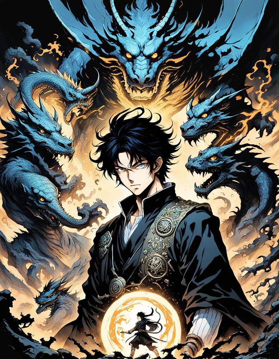 2000’ anime video game by Katsuya Terada, anime earth mage who looks like a boy with black hair and blue eyes wearing me...