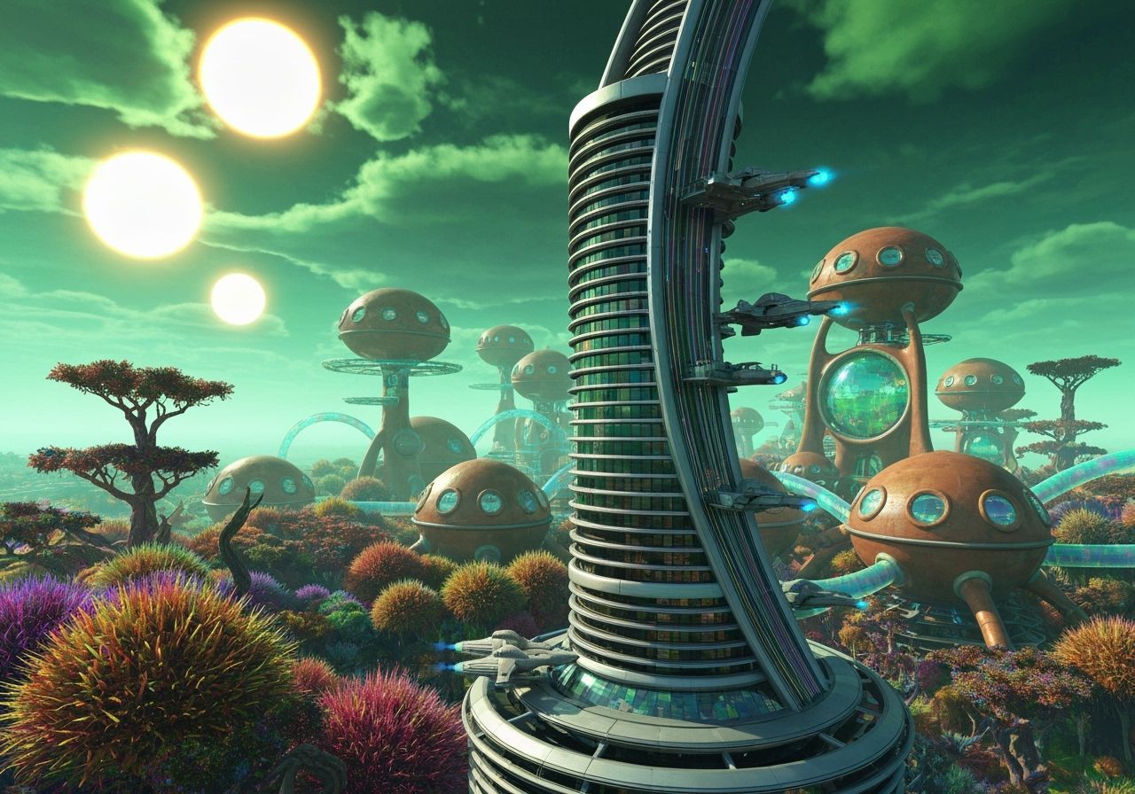 Bioluminescent Alien City with Curvy Skyscraper Spaceport