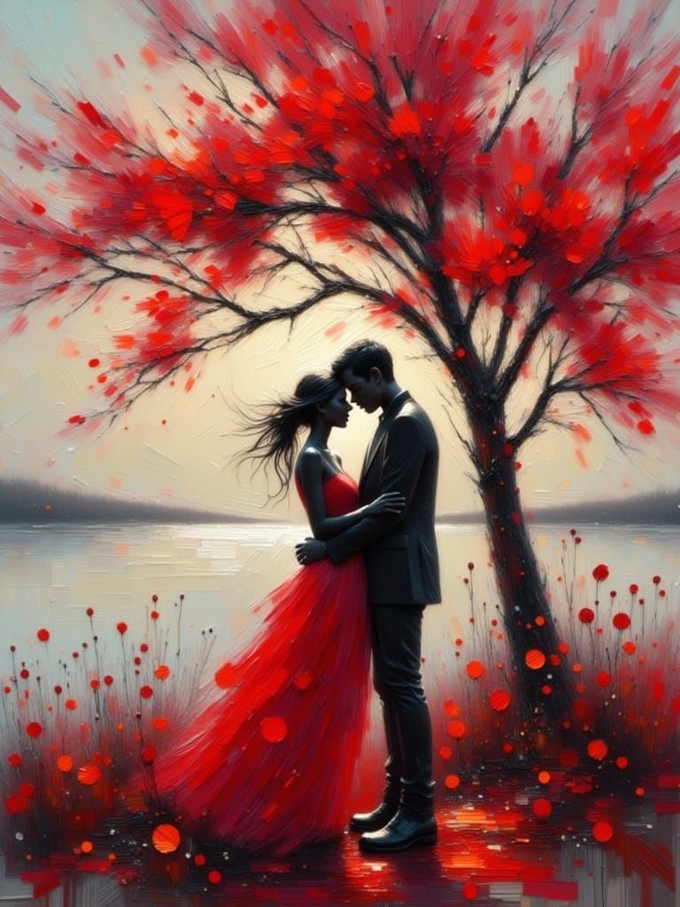 Couple in Silhouettes Under Red Leaf Tree Oil Painting