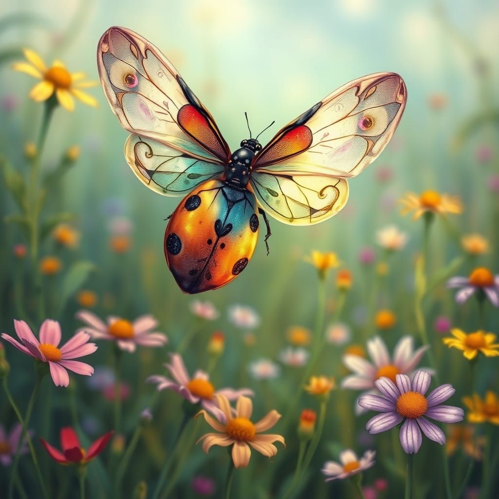 Iridescent Ladybug Takes Flight in Whimsical Meadow