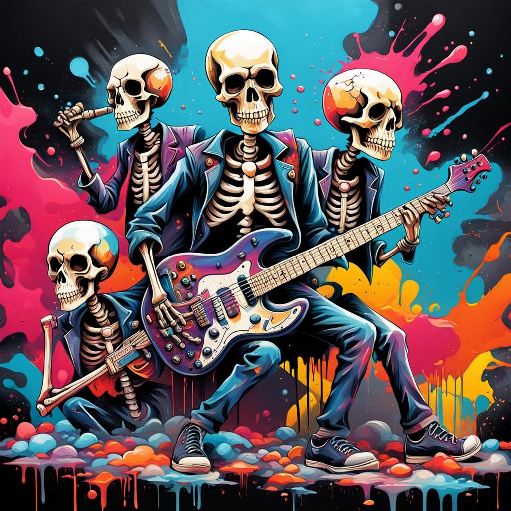 Skeleton Rock Band in Graffiti Street Art Style