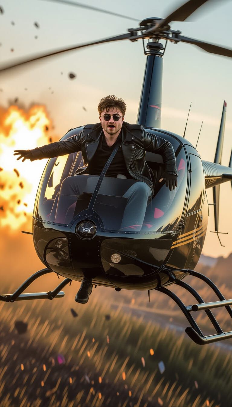 Daniel Radcliffe Helicopter Crash in Dark Fantasy Style