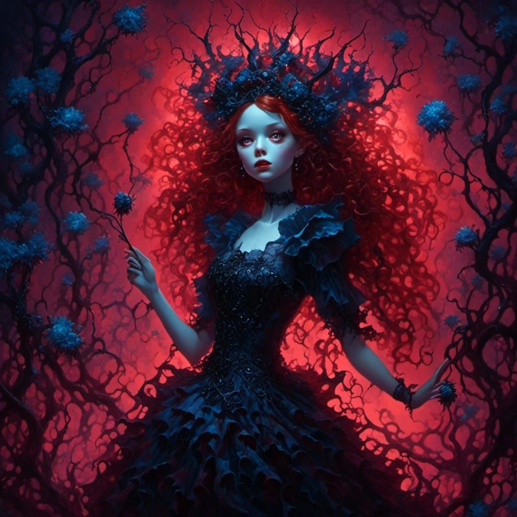 Dark Fairy with Bioluminescent Wings in Burton Style