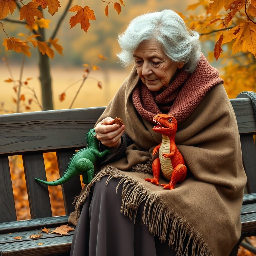 Elderly Woman Feeds Toy Dinosaurs in Constable Style