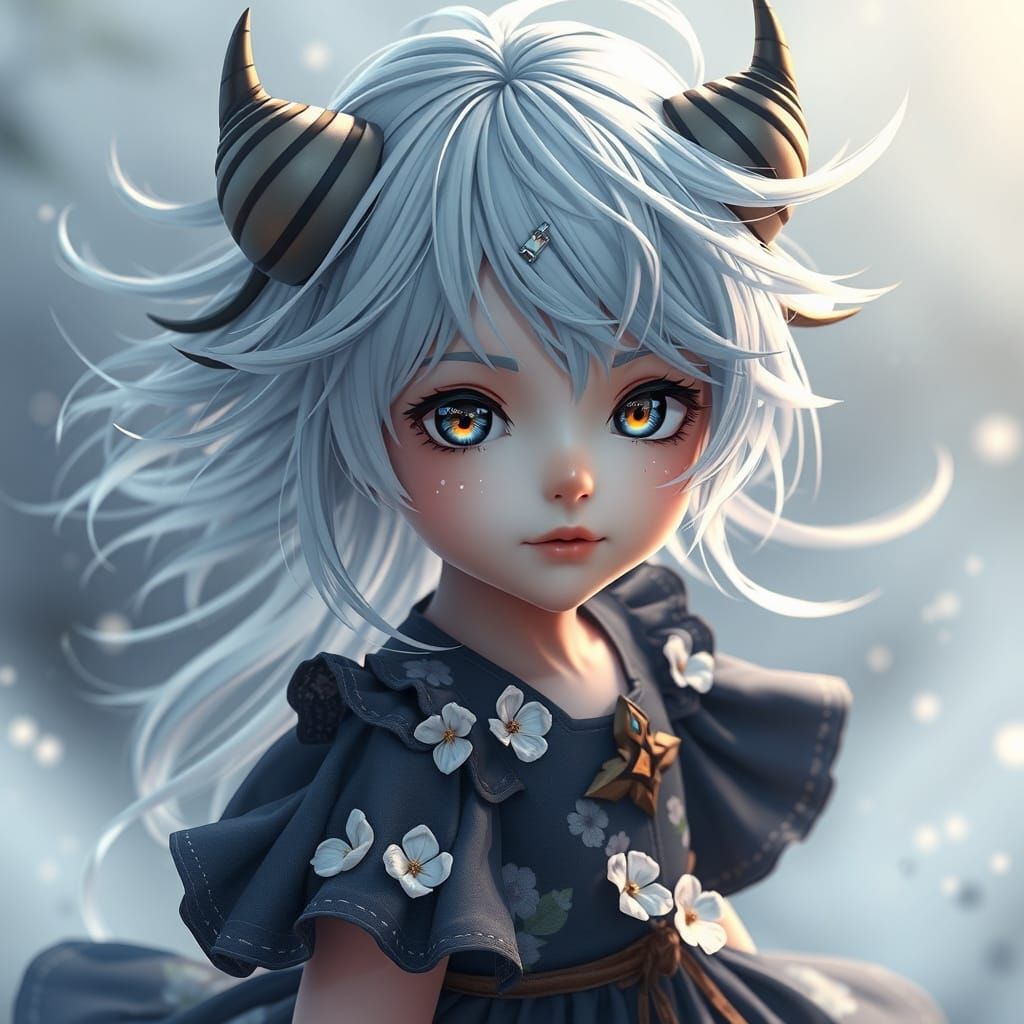 Dreamy Anime Girl with Wind-Tossed Hair and Cloud Horns