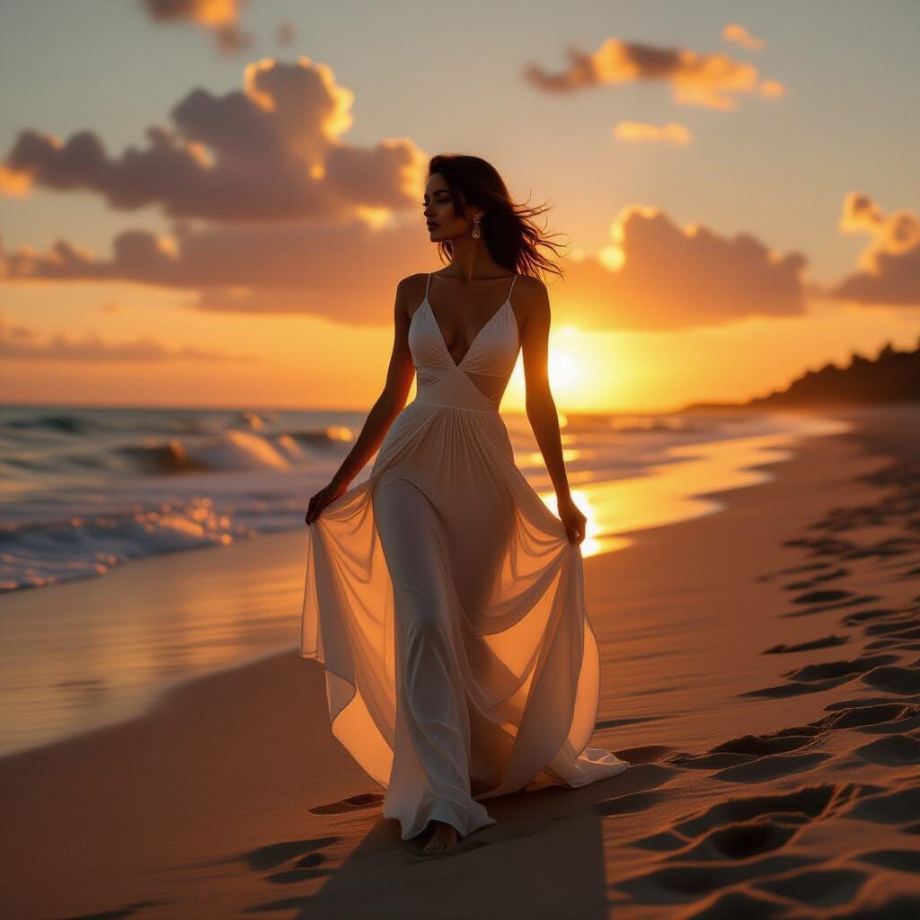 Woman Posing on Beach at Dusk in Golden Hour Light