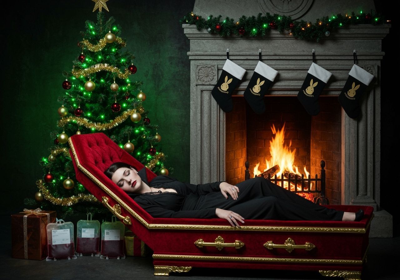 Vampirella Sleeps in Coffin With Gothic Christmas Decor
