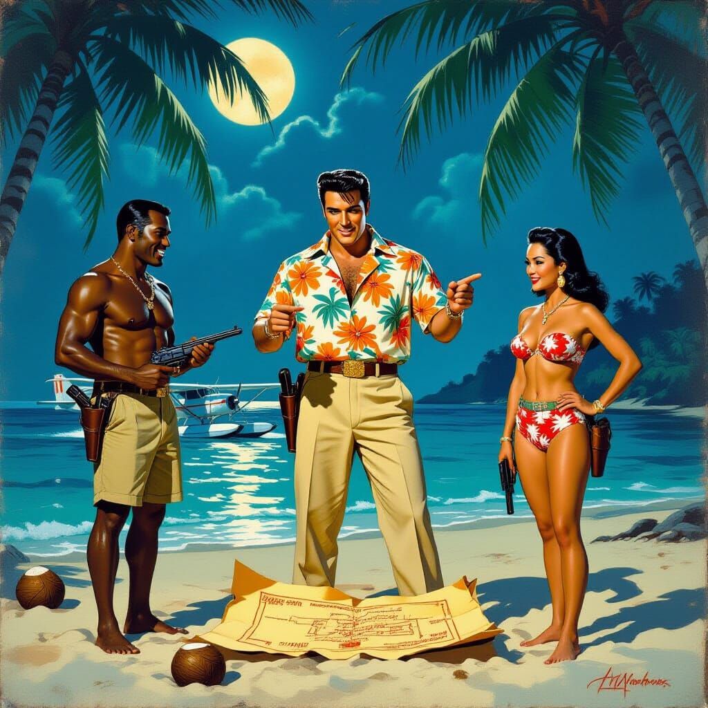 Elvis and Adventurers Plan Treasure Hunt on Tropical Island
