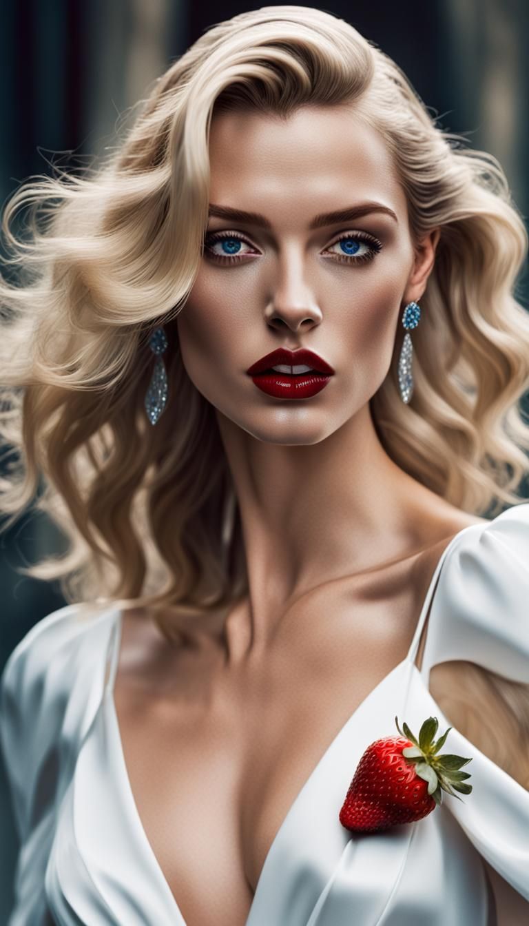 Glamorous Blonde with Strawberry, Hyperrealistic Style