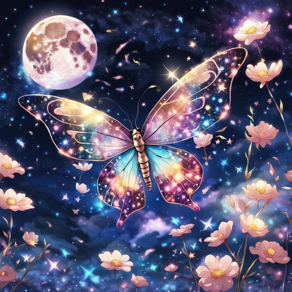 Cosmic Butterfly Flying Around Moon Petal in Anime Style