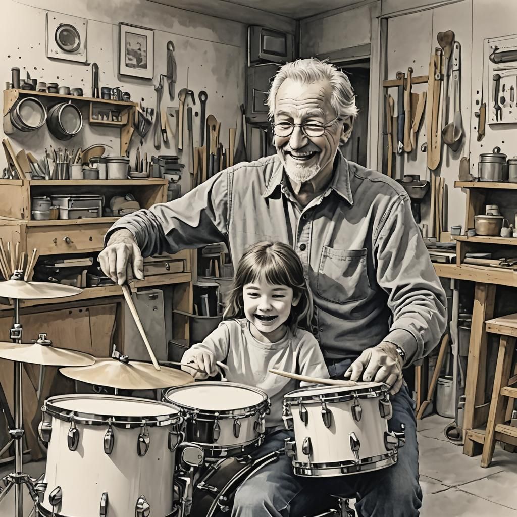 Happy Grandfather and Granddaughter Drumming: A Sketch