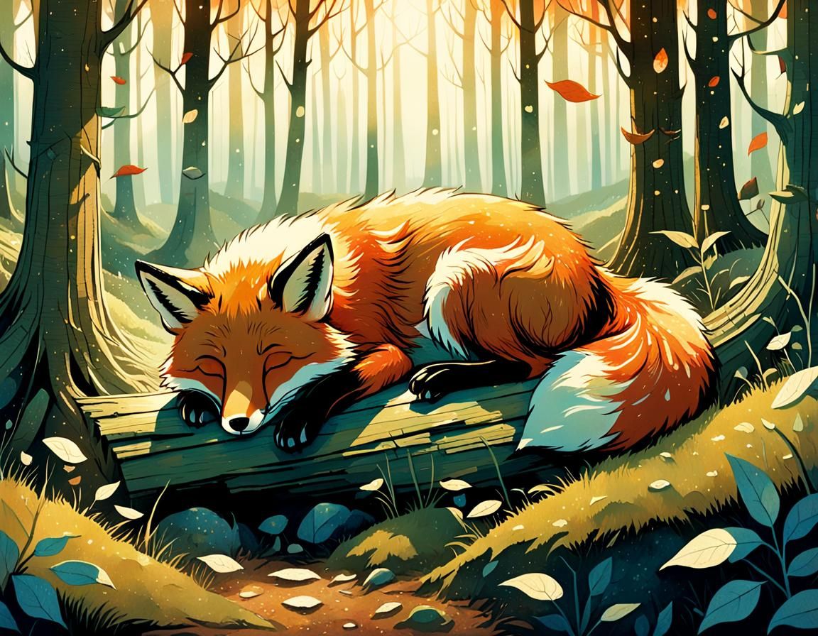 Adorable Red Fox Asleep in Forest Clearing
