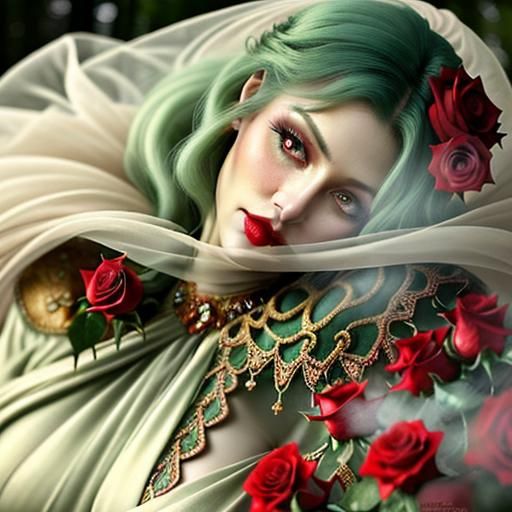 Woman with Rose in Misty Forest, Oil Painting Style